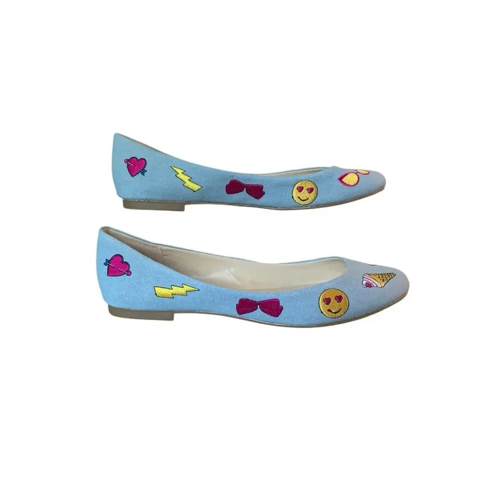 Betsey Johnson Leoniee Emoji Blue Denim‎ Ballet Flats Womens 9